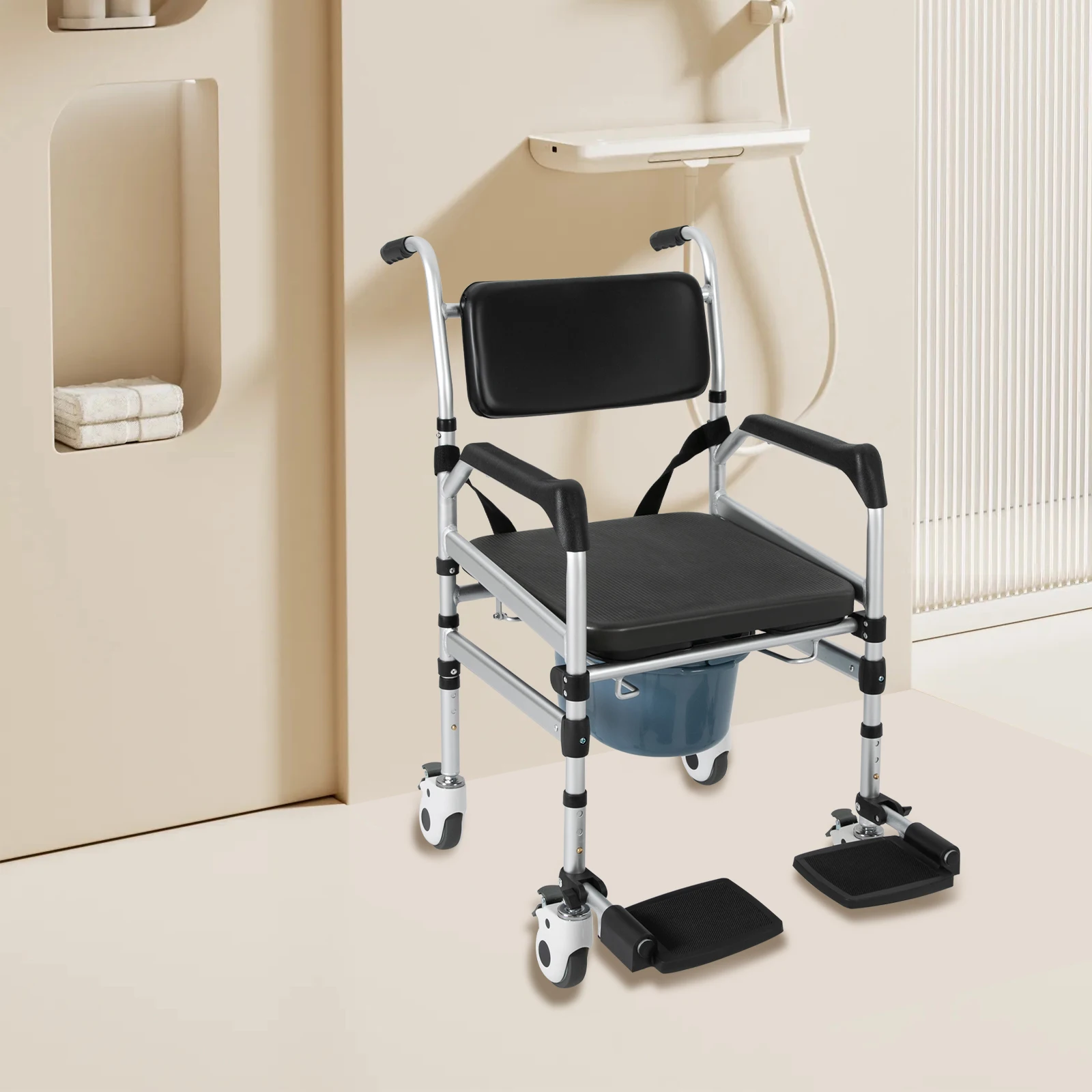 Shower Chair Rolling Commode Seat for Toilet with Arms, Adjustable Height Folding Bath Wheelchair for Elderly, Disabled, Injured 6