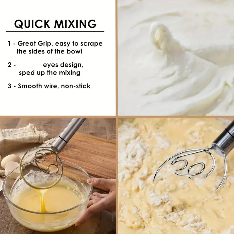 Dough Mixer Stainless Steel HandHeld Bread Blender Dough Scraper Double Hole Fast Stirring Tool Danish Whisk Egg Stirrer egg beater,food mixer,electric blender,dough whisk,electric whisk,handheld electric whisk,balloon wire whisk,wire whisk,ball whisk