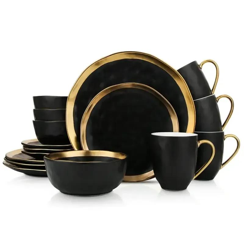 

Stone Lain Florian Modern Porcelain Dish Set, 16-Piece Dishes for 4, Gold and Black