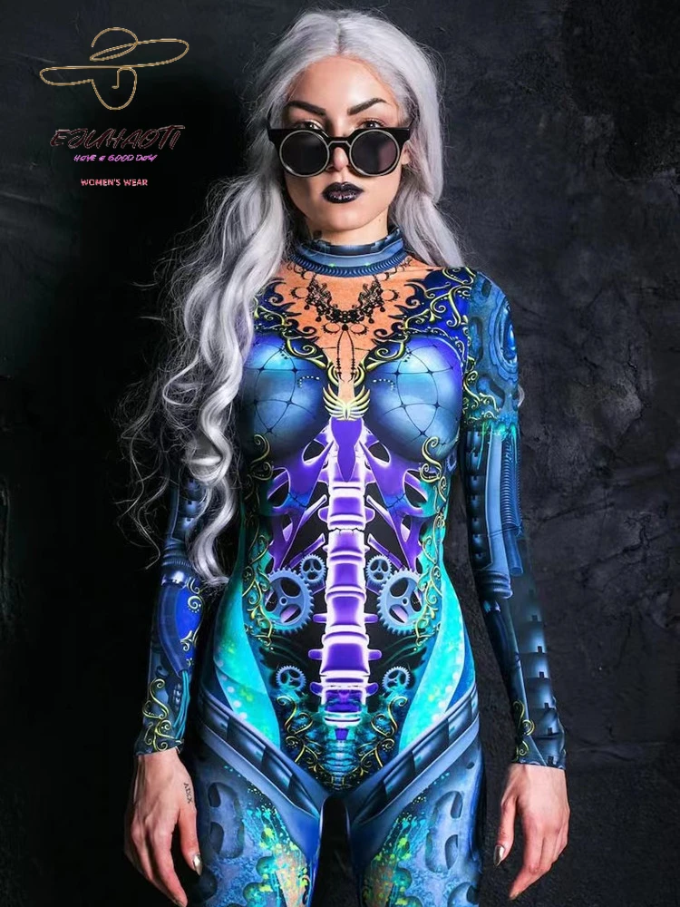 Halloween Costume New Skeleton Digital Print Women's Bodycon Rompers Cosplayer Dress Girl's Scary Jumpsuit