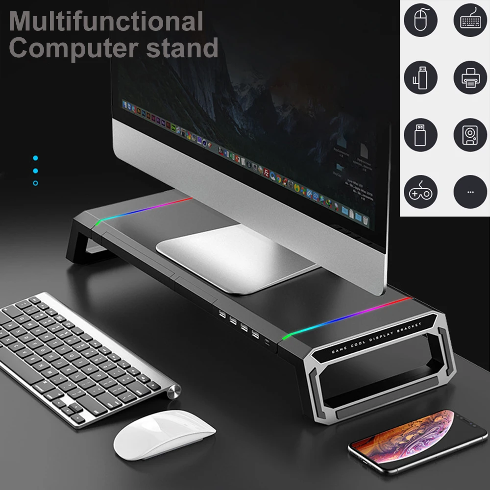 Suporte para Monitor Portátil Riser Suporte Rgb com Usb Suporte para Celular Gaveta Caixa de Armazenamento Suporte de Alarme para pc t1 - Imagem 3