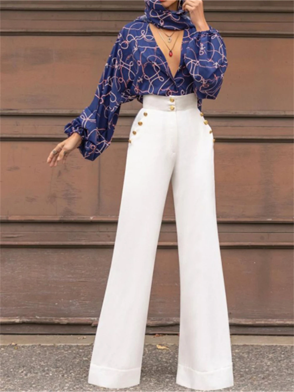 

BubbleKiss Two Piece Set Women Deep V-neck Sexy Top+ Trousers Autumn Casual Office Lady Shirt Wide Leg Straight Pants Set