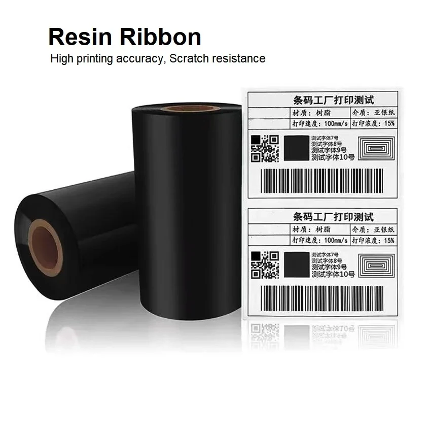 고품질 블랙 레진 리본 40-110mmx300m 열전사 프린터 잉크 리본 롤 (광택 PET 라벨 인쇄용)