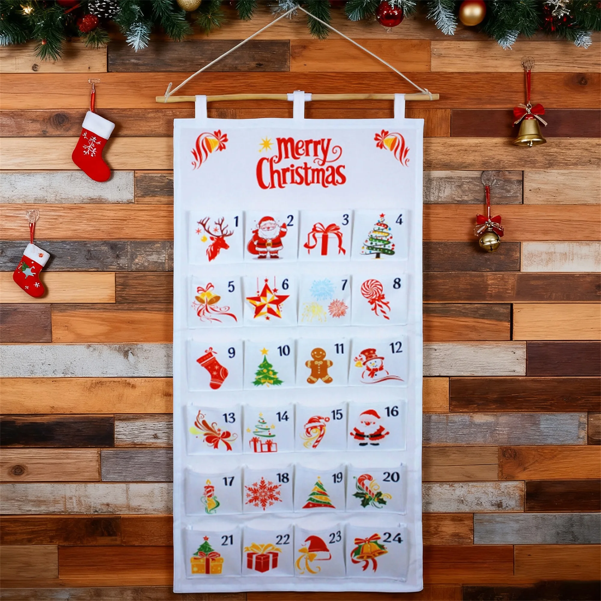 Christmas Countdown Calendar with Pockets 24 Days Hanging Organizer for Wall Home Festive Decoration and Storage