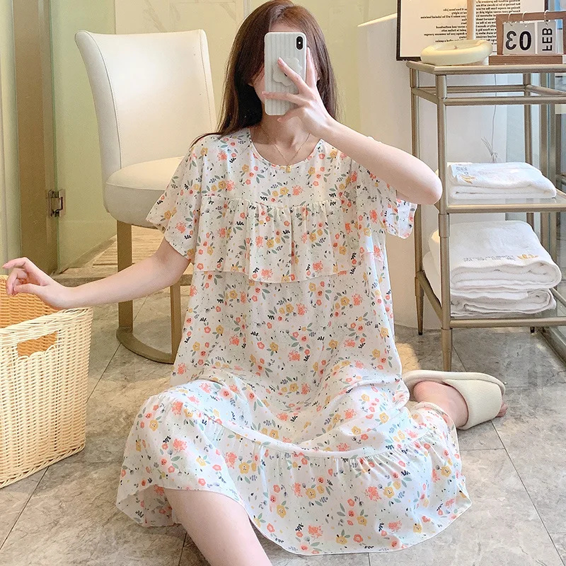 Thin Cotton Silk Nightgown Round Neck Pajamas Loose Home Clothes Print Sleepwear Short Sleeve Dress in Summer Women's Clothing