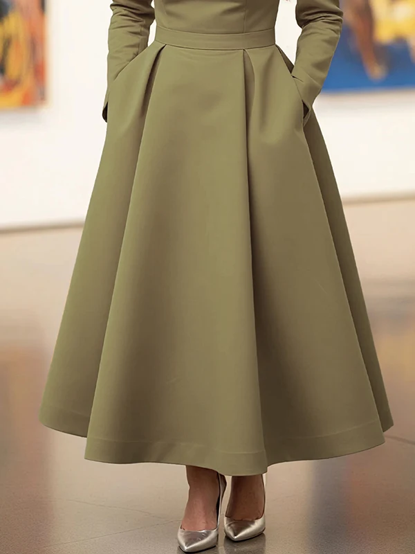 فستان متوسط الطول بياقة غير متماثلة باللون الأخضر...