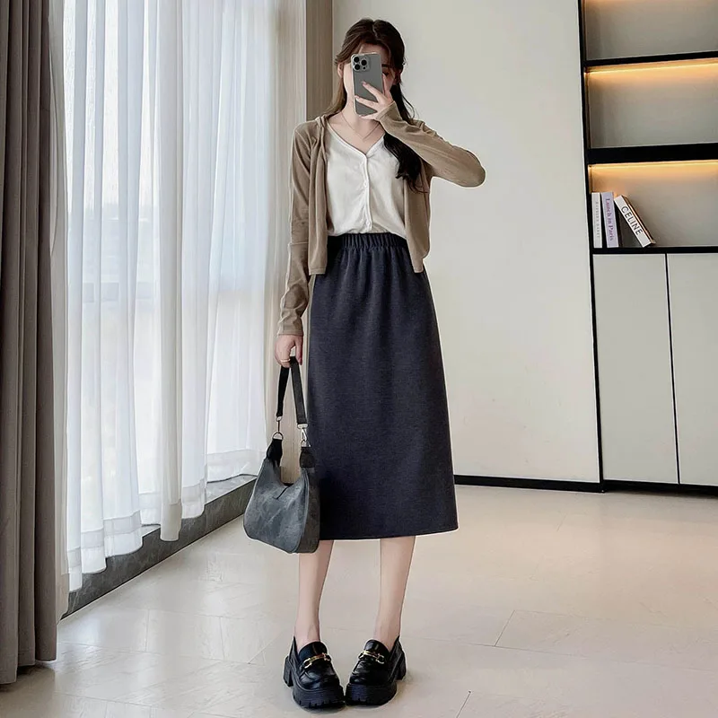 2025 neue Herbst frauen Mid-Kalb Röcke Vintage Elastische Taille Gestrickte Gerade Bleistift Rock Elegante Split Paket Hüften röcke – Detail 14
