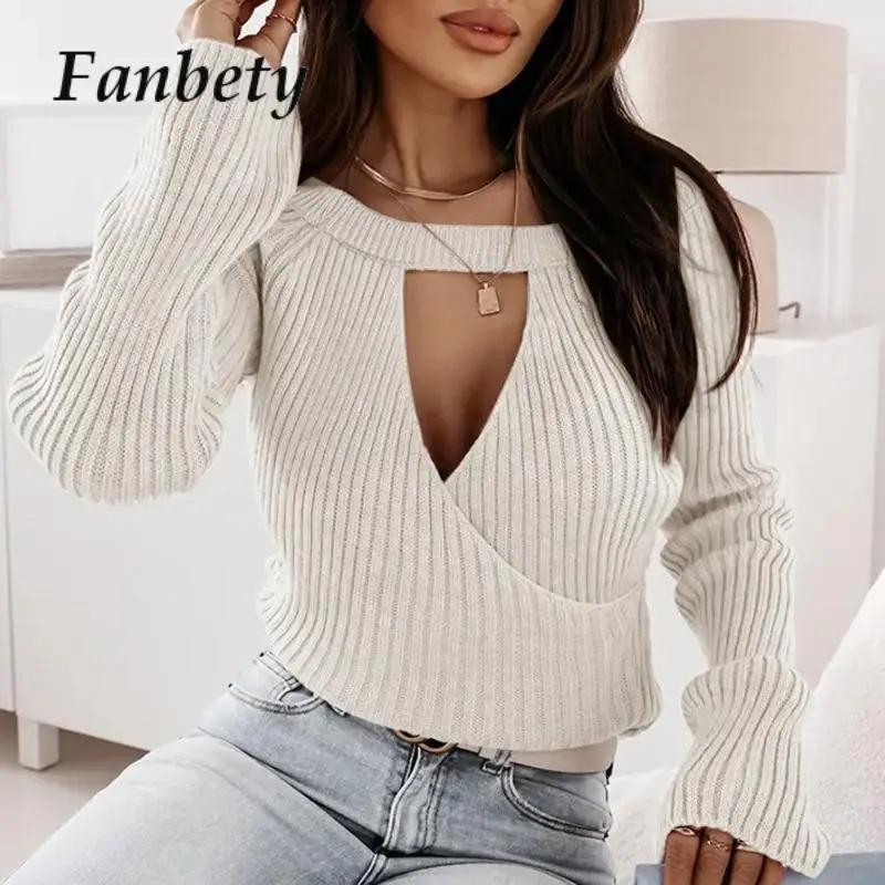 

Fashion Sexy Women O-Neck Solid Sweaters Female Casual Pullover Autumn Tops Winter Long Sleeve Criss-Cross Slit Knitted Sweater