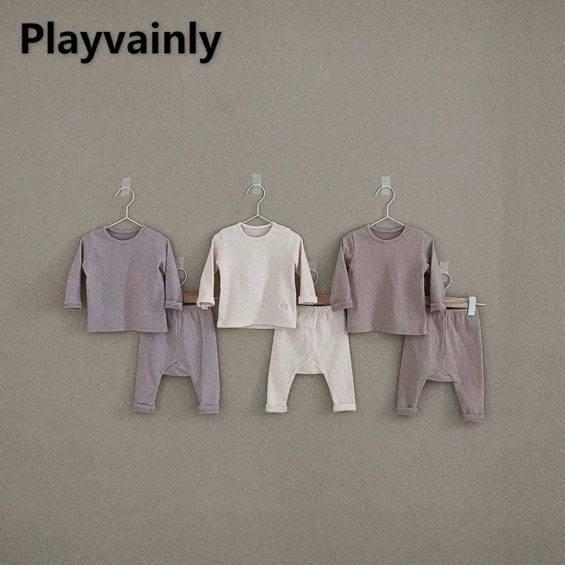 New Autumn Baby Boy Girl Pajamas Solid Pit Stripe O-neck Pullover Top+Elastic Waist PP Pants Newborn Home Wear Nightgown E8311