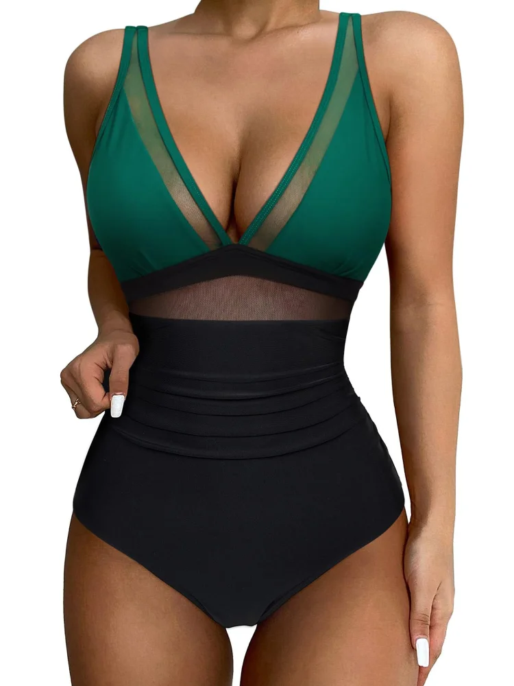 

2024 Sexy One Piece Swimsuit Women Mesh Strappy Plunge Swimwear Tummy Control Bathing Suits Beach Wear Monokini Swimming Suit