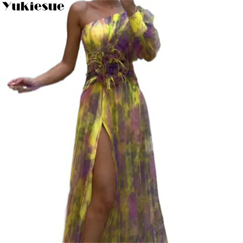 Women Dress 2023 Summer New Style French Style Fashion Sexy Print Fashion One Shoulder Long Sleeve Split Lady Party Dresses 5