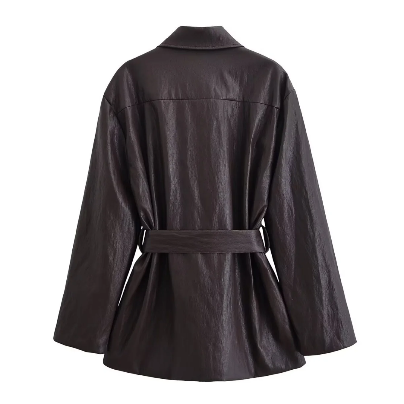 Women Fashion Elegant Faux Leather Jacket Fall Winter High Street Casual With Belted Solid Coat Female Long Sleeve Loose Outwear