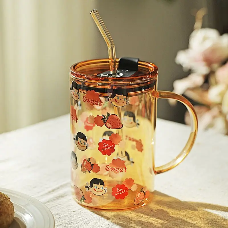 Kawaii Flower Glass Cup With Lid Straw Cute Orange Coffee Mug Milk Hot  Drinks Korean Water