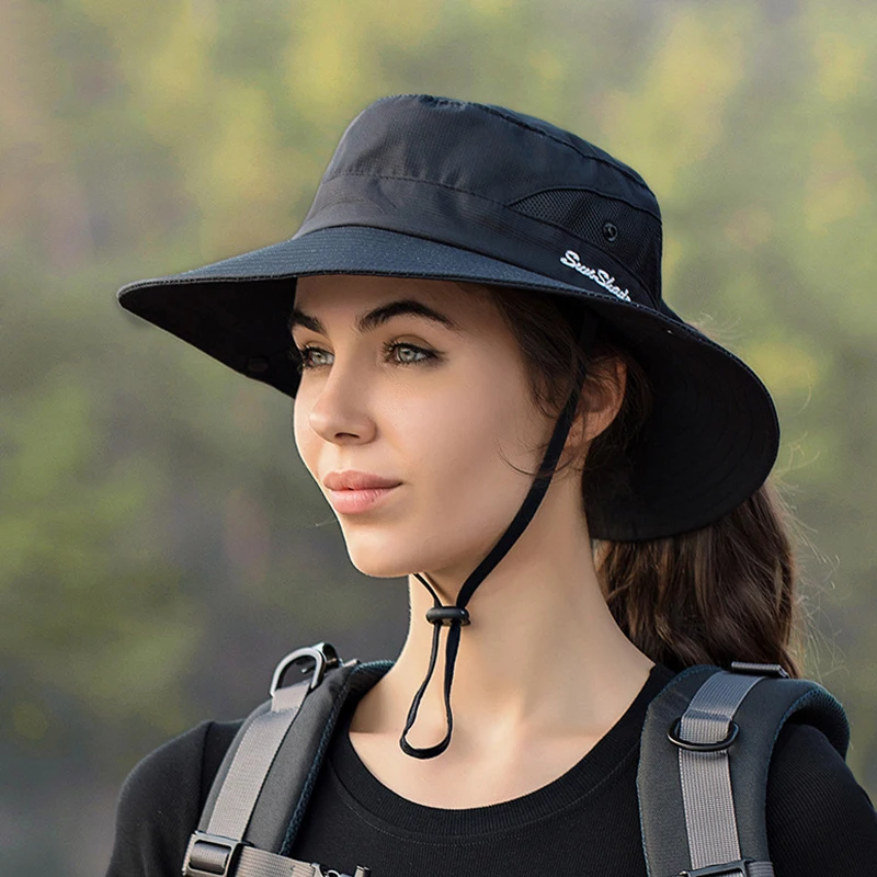 

Summer Women Ponytail Sun Hats UPF50+ Bucket Hat Outdoor Breathable Boonie Hat Foldable Fisherman Caps Female Beach Panama Cap