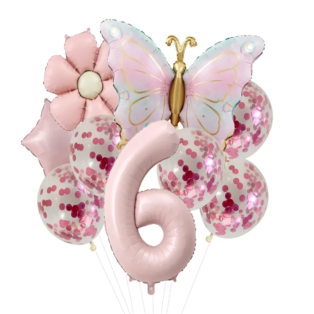 9 Stück Rosa Schmetterlingsförmige Ballons 40 Zoll Nummer 1-8 Ballon Konfetti Latexballons Partydekoration Geburtstagsgeschenk – Detail 6