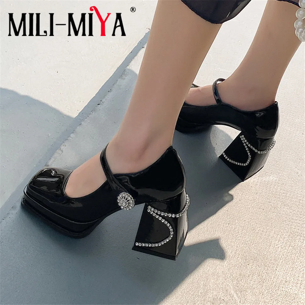 

MILI-MIYA Classic Brand Brand Women Cow Leather Pumps Square Toe Super High Thick Heels Crystal Solid Color Plus Size 34-41