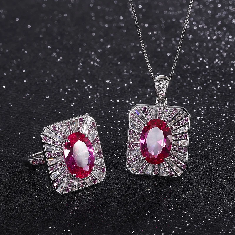 

Vintage 10*14MM Ruby Rings Lab Gemstone Pendant Necklace Wedding Party Jewelry Sets Gift for Girlfriend Accessories Wholesale