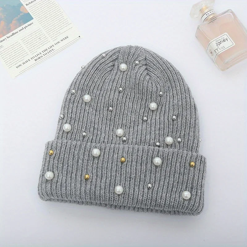 Solid Color Curled Edge Brimless Cap Pearl Decoration Shining Knitted Hat Fashuonable and Ersatile Outdoor Cold Proof Warm Hat 4