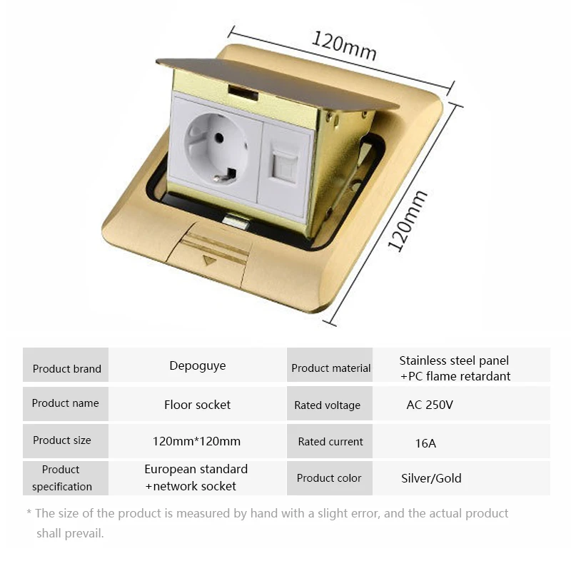Gold Stainless Steel Hidden Pop-Up Floor Socket with USB Outlet - European Standard, Waterproof Design