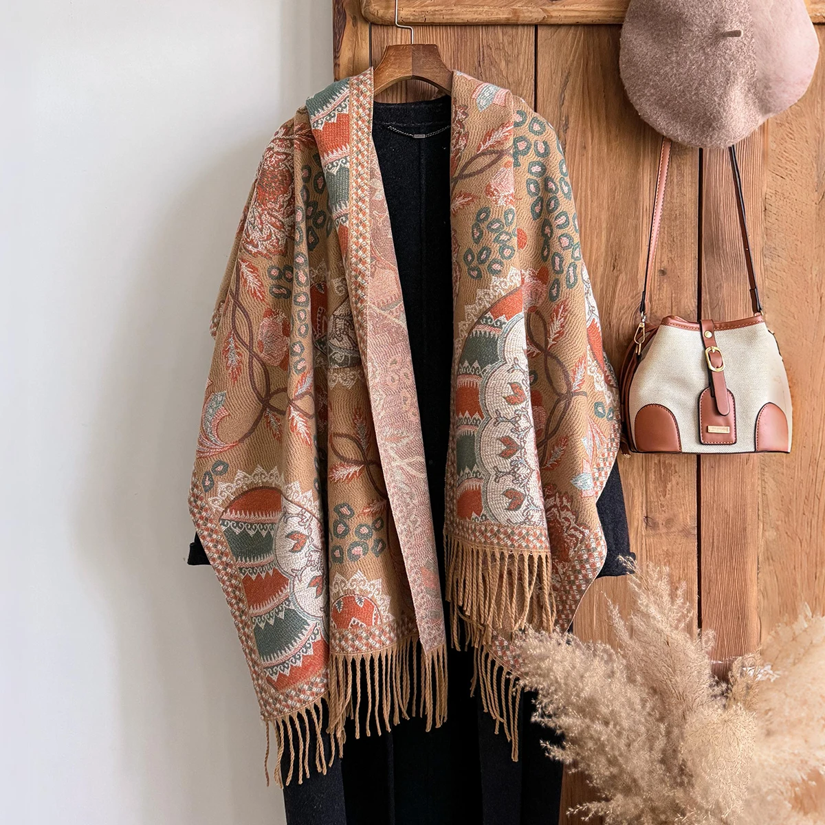 Brand Fashion Winter Cashmere Shawl for Women - Tasseled Vintage Oil Painting Floral Printed Pashmina Thick Wrap, Scarf & Echarp