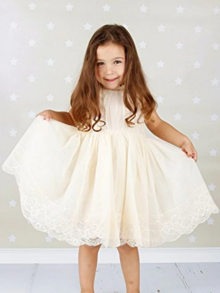 

Flower Girl Dresses Vintage Ivory Puffy Lace Hem Sleeveless For Wedding Birthday Party First Communion Gowns