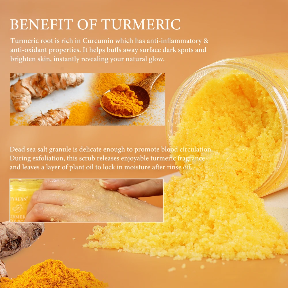 Turmeric Body Scrub Soften Cutin Smooth Skin Moisturizing Sea Salt Exfoliating Pore Cleaning Brighten Lighten Dark Spots Acne body scrub