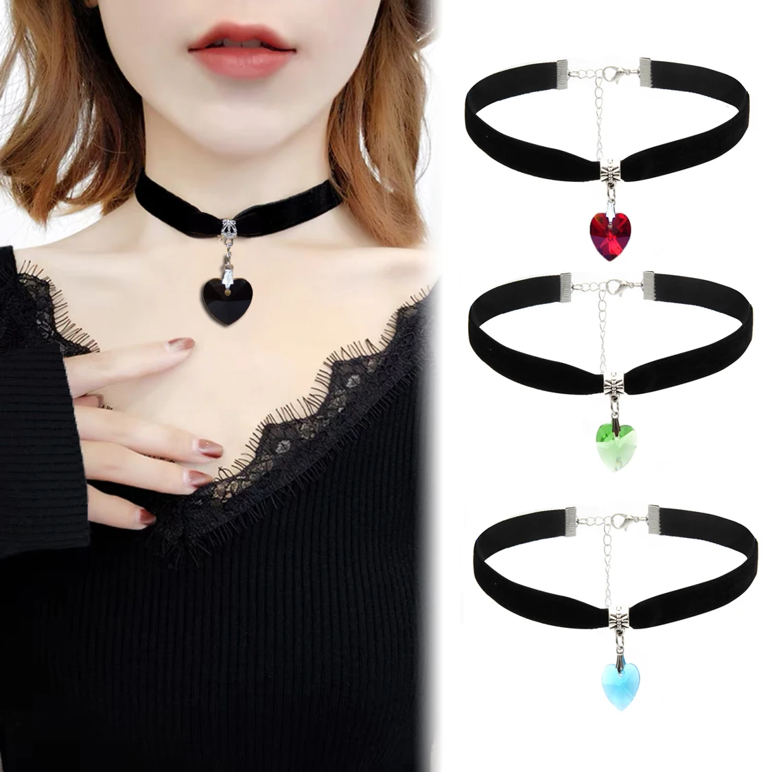 EYVRPAU Choker Collana di Velluto Collana a Cuore Classica Stratificata Regolabile Gioielli Donna Gotico Anni '90 Decorazione per Ragazze (Nero