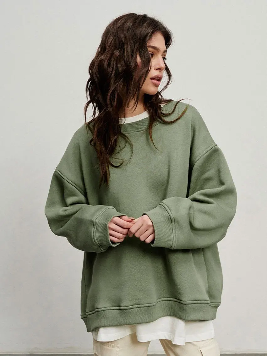 Women Oversized Casual Hoodies Autumn Winter O-Neck Capless Sweatshirts Loose Warm Fleece Pullovers Girls Streetwear Top