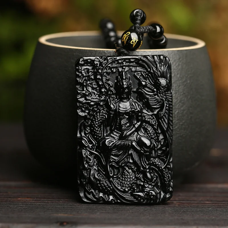 

Natural Black Obsidian Hand Carved Dragon Bodhisattva Jade Pendant Fashion Boutique Jewelry Men and Women Necklace Gift