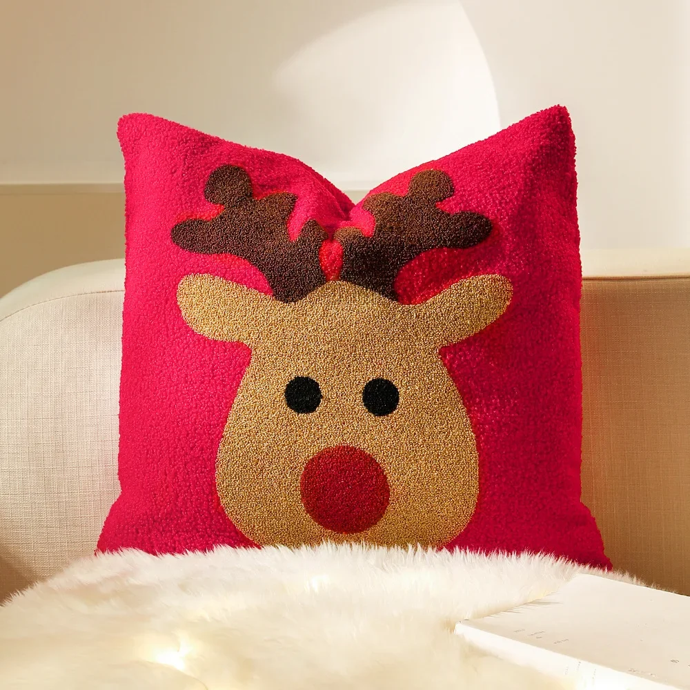 

Fuzzy Christmas Décor Cushion Cover Christmas Reindeer Red Pillowcase Embroidery Pillow Cover 45x45cm 30x50cm Soft