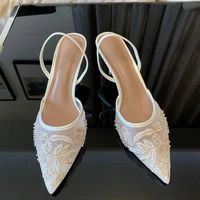 Brand Designer White Women Pumps Mesh Embroidered Flowers Back Strap Sexy Slingback High Heels Dress Wedding Shoes for Ladies - Image 3