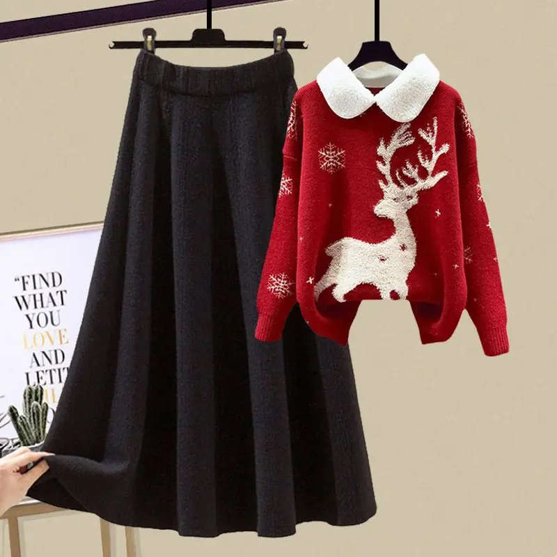 Women's Fashion Elegant Outfits 2023 Autumn/Winter New Christmas Elk Pullover Sweater High Waist Half Skirt Two Piece Set 100 piece christmas ball set 6 cm red