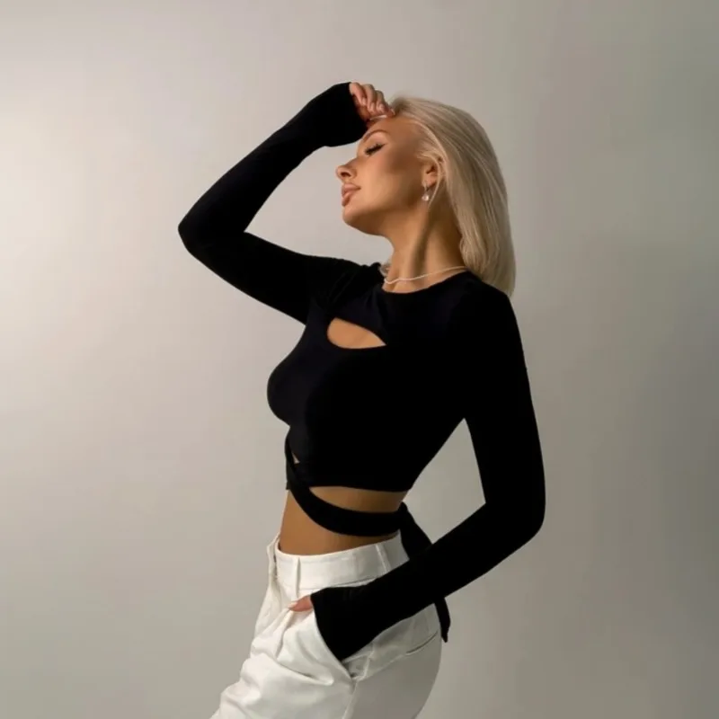 Women Black Long Sleeve Crop Top Autumn Hollow Out Bandage
