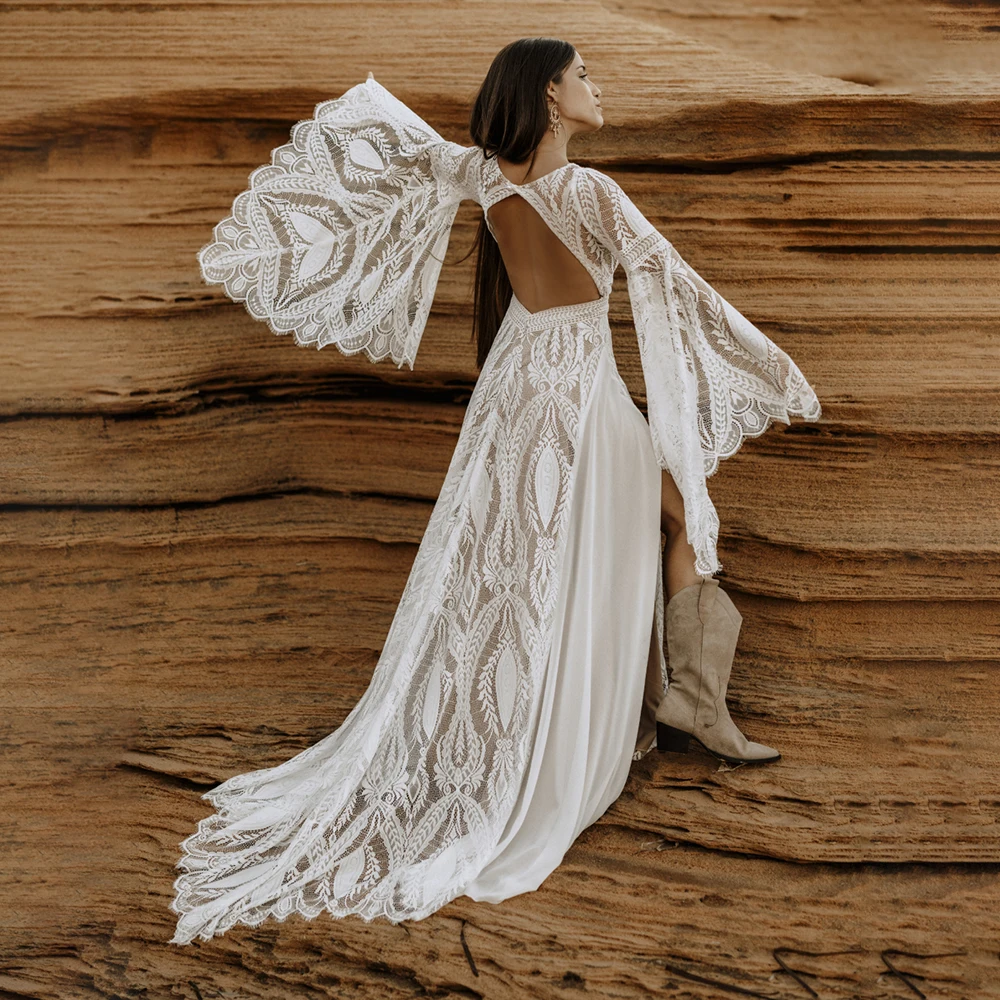 Chiffon Lace Wedding Dress Long Split Bell Sleeves Bridal Gowns Front Leg  Slit | eBay