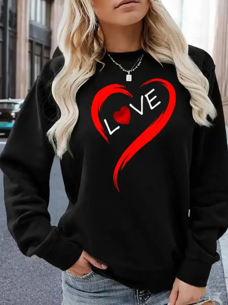 Valentine's Day Heart Print Pullover Drop Shoulder Sweatshirt Long Sleeve Hoodies Trendy Graphic Crew Neck Sweatshirts