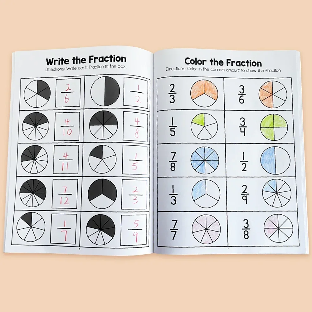 Math Fraction Practice Workbook for Kids - Educational Learning Aids in Basic Fractions (24 Pages)
