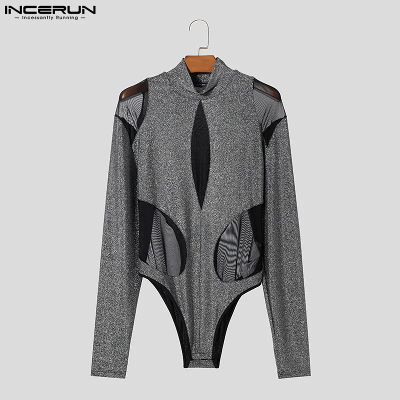 2024 Men Bodysuits Mesh Patchwork Shiny Turtleneck Long Sleeve Rompers Men Transparent Streetwear Fashion Bodysuit S-3XL INCERUN