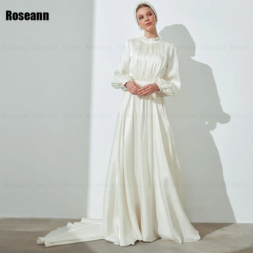 

Muslim Fashion Ivory A-line Wedding Dresses Belt Fold Draped Pleat High Collar Satin Bride Gown Floor Length robe de mariée