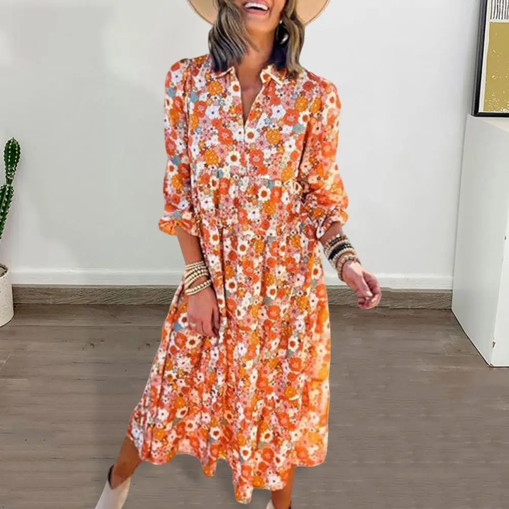 

Loose Fit Dress Bohemian Style V Neck Midi Dress with Flowy Hem Long Sleeves for Wear in Fall Spring Lightweight Floral Dress