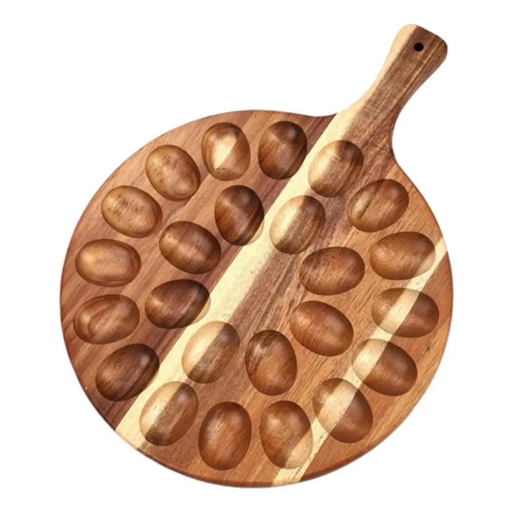 Egg Storage Plate Wooden Easter Deviled Egg Platter with Handle Round Charcuterie Serving Board for 24 Eggs Countertop Egg Tray 4