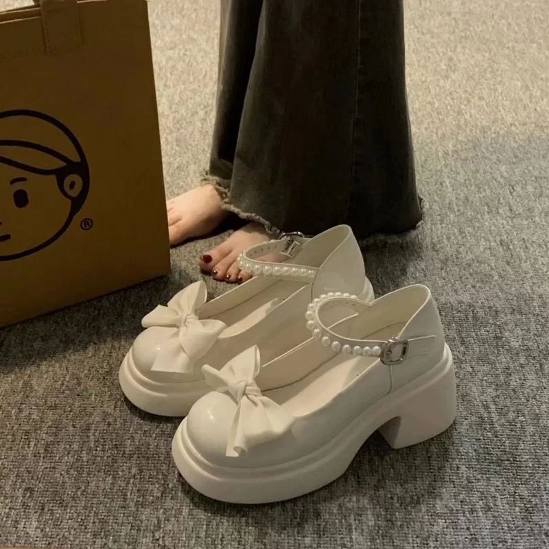 Round Toe Kawaii Lolita Shoes Woman Casual Elegant Pure Color Bow Pumps Non-slip Korean Style Medium Heel Shoes Chic Summer 2023 4