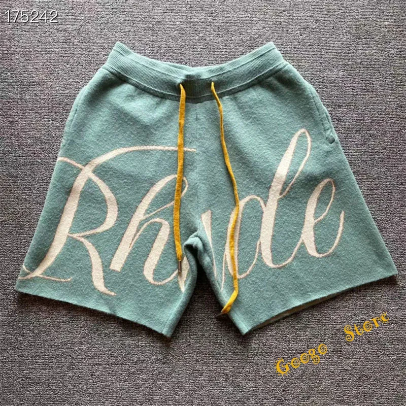

23SS Casual Loose Drawstring RHUDE Knit Shorts Men Women 1:1 Big Logo Jacquard Rhude Breeches Lake Blue Brown Inside Tags