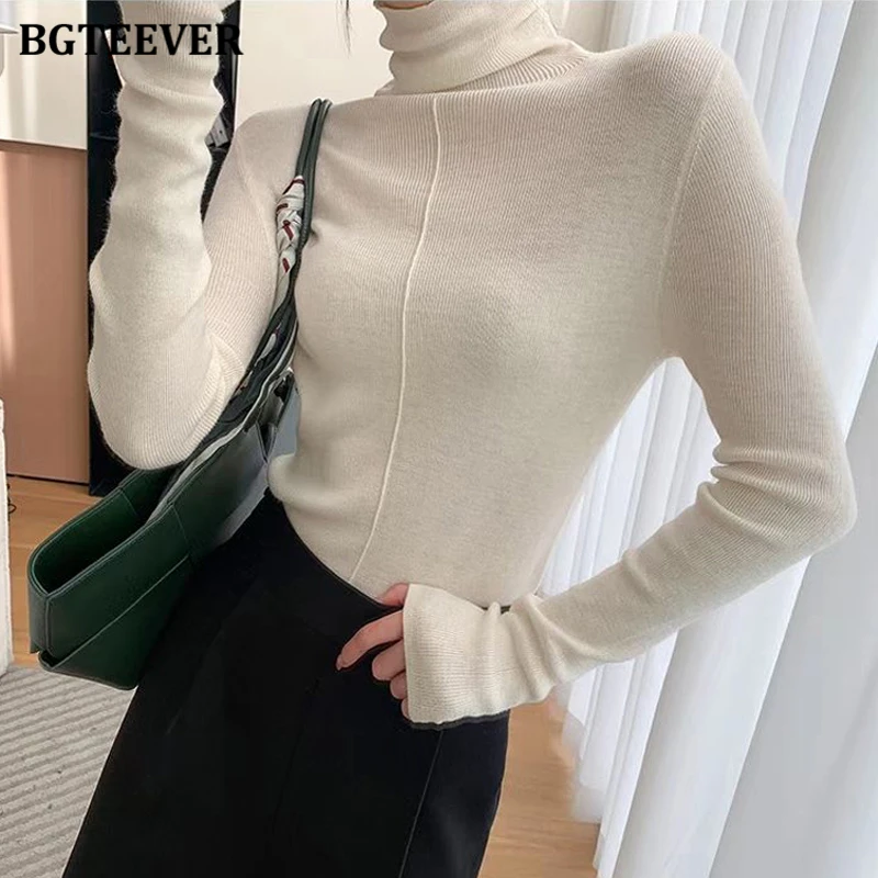 

BGTEEVER Autumn Winter Basic Solid Women Pullovers Sweaters Casual Full Sleeve Slim Turtleneck Knitted Jumpers Female