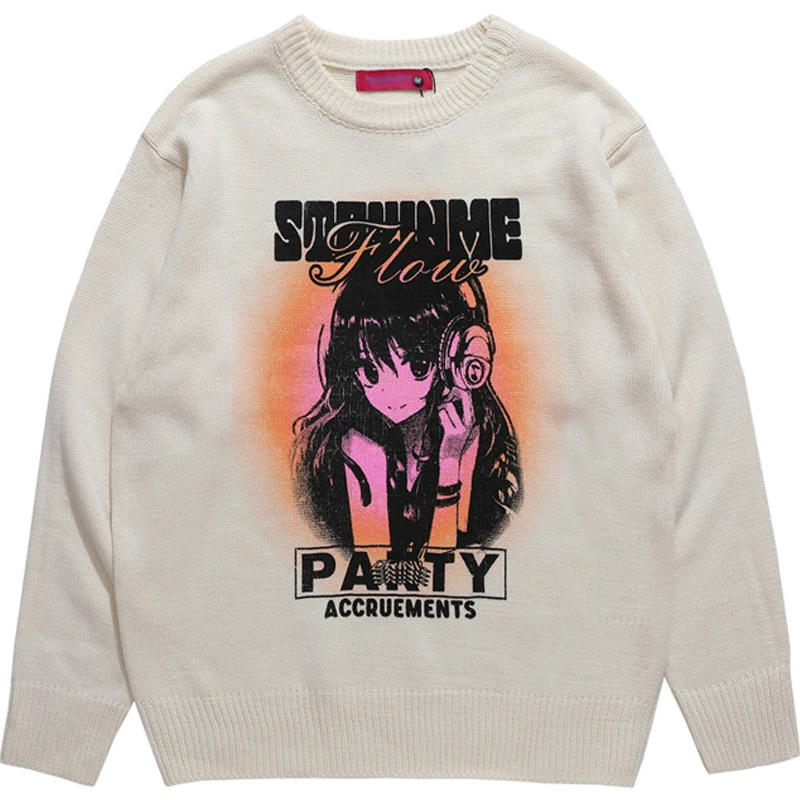 

Men Women Anime Girl Sweater High Street Casual Loose Knitted Jumpers Couple Fall Winter Pink Harajuku Retro Knitwear Pullover