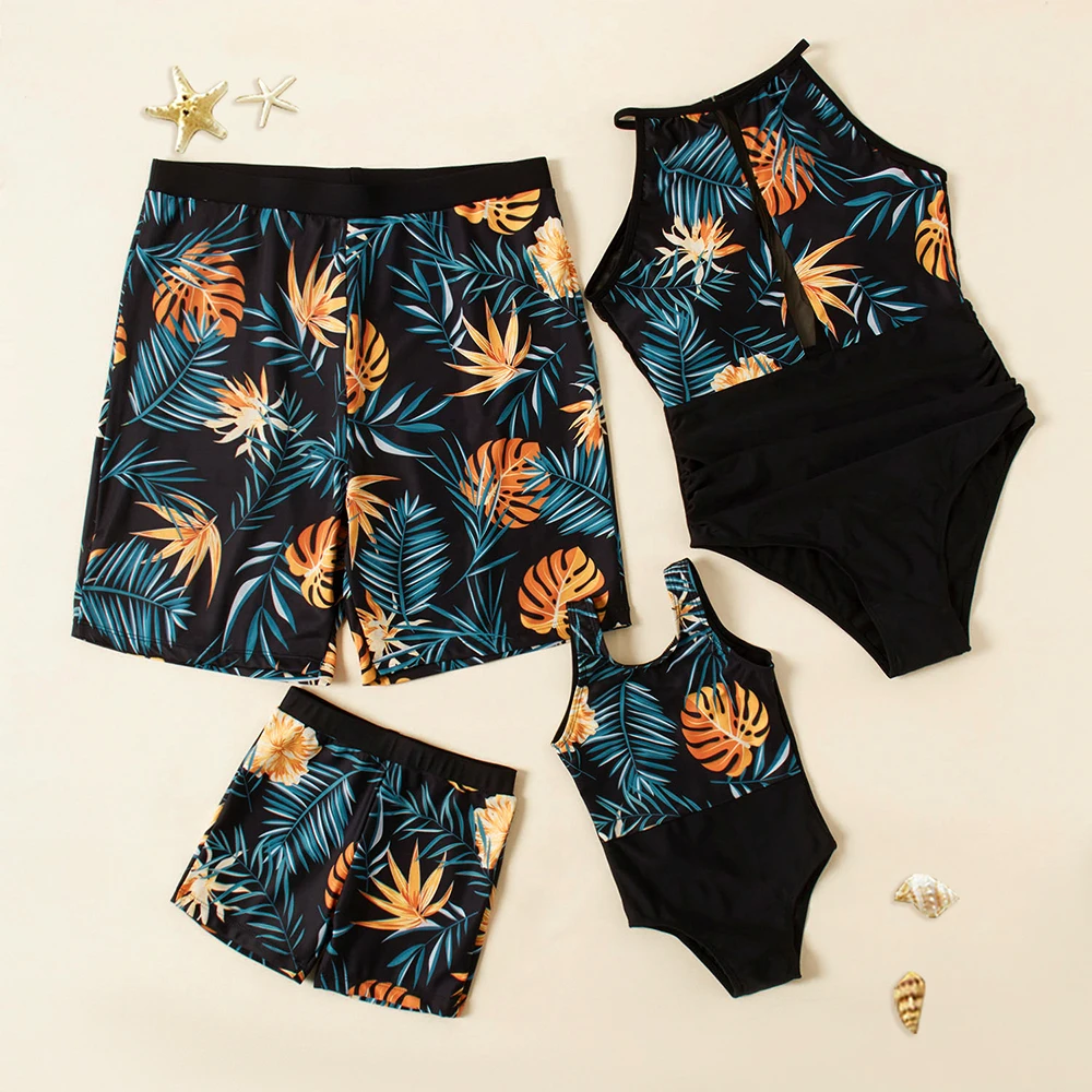 Flower Print Swimwear Family Matching Outfits Mother Daughter Bikini Swimsuits Dad Son Swimming Trunks
