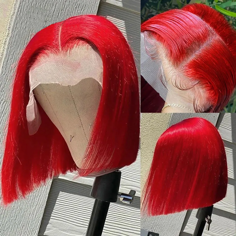 

Red Short Bob Wig 13x4 Lace Front Human Hair Wigs For Women Transparent Lace Brazilian Remy Straight Bob Wig 4x4 Lace Front Wigs