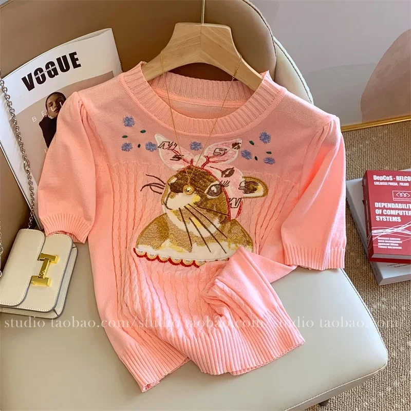 

Cartoon Flower Embroidery Knitted Sweater T-shirt Women Pullover Summer Ice Silk Short Puff Sleeve Tops Twists Sweaters Jumpers