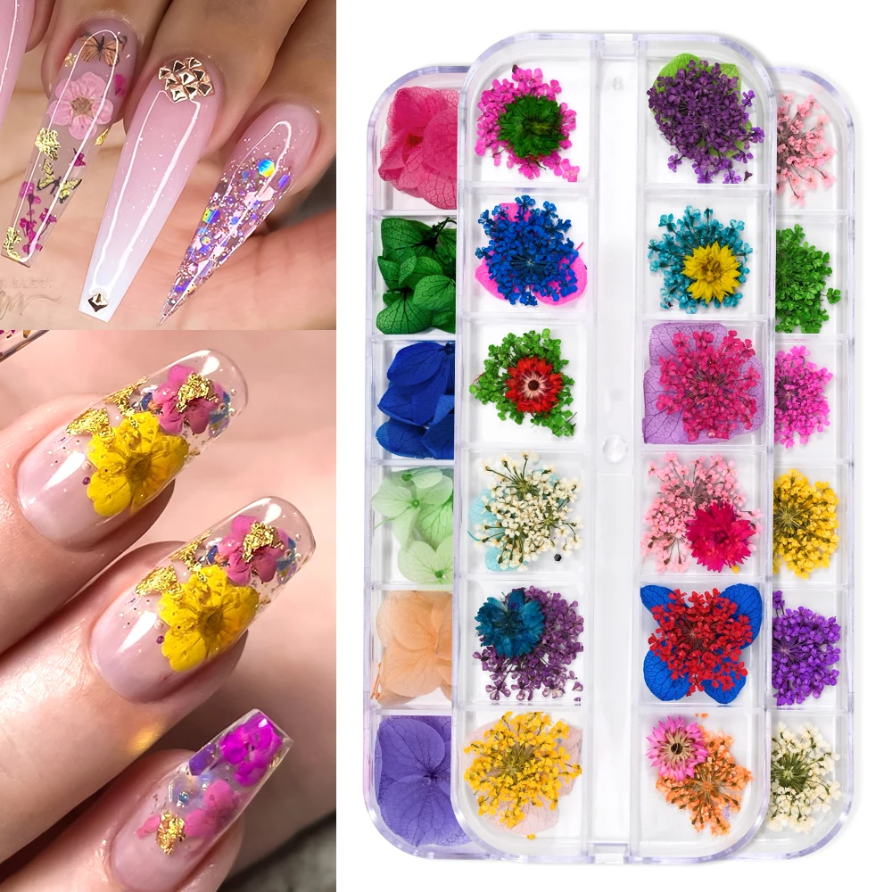 

12 Grids 3D Dried Flowers Nail Charms Mixed Colorful Natural Floral Sticker Decals Nail Art Decoration DIY Manicure Accessories