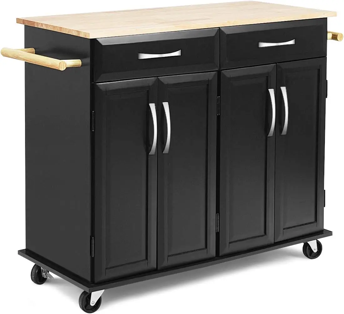 Kitchen Island Cart, Rolling Trolley Cart Utility Cabinet w/Rubber Wood Top, Large Storage Easy-Clean with Smooth Lockable Wheel