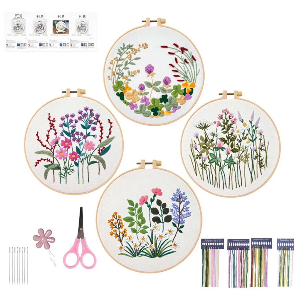 

4 Sets Embroidery Kit for Beginner With 8 Embroidery Needles,Scissors,Needle Threading Device,Embroidery Tie,Floral Embroidery